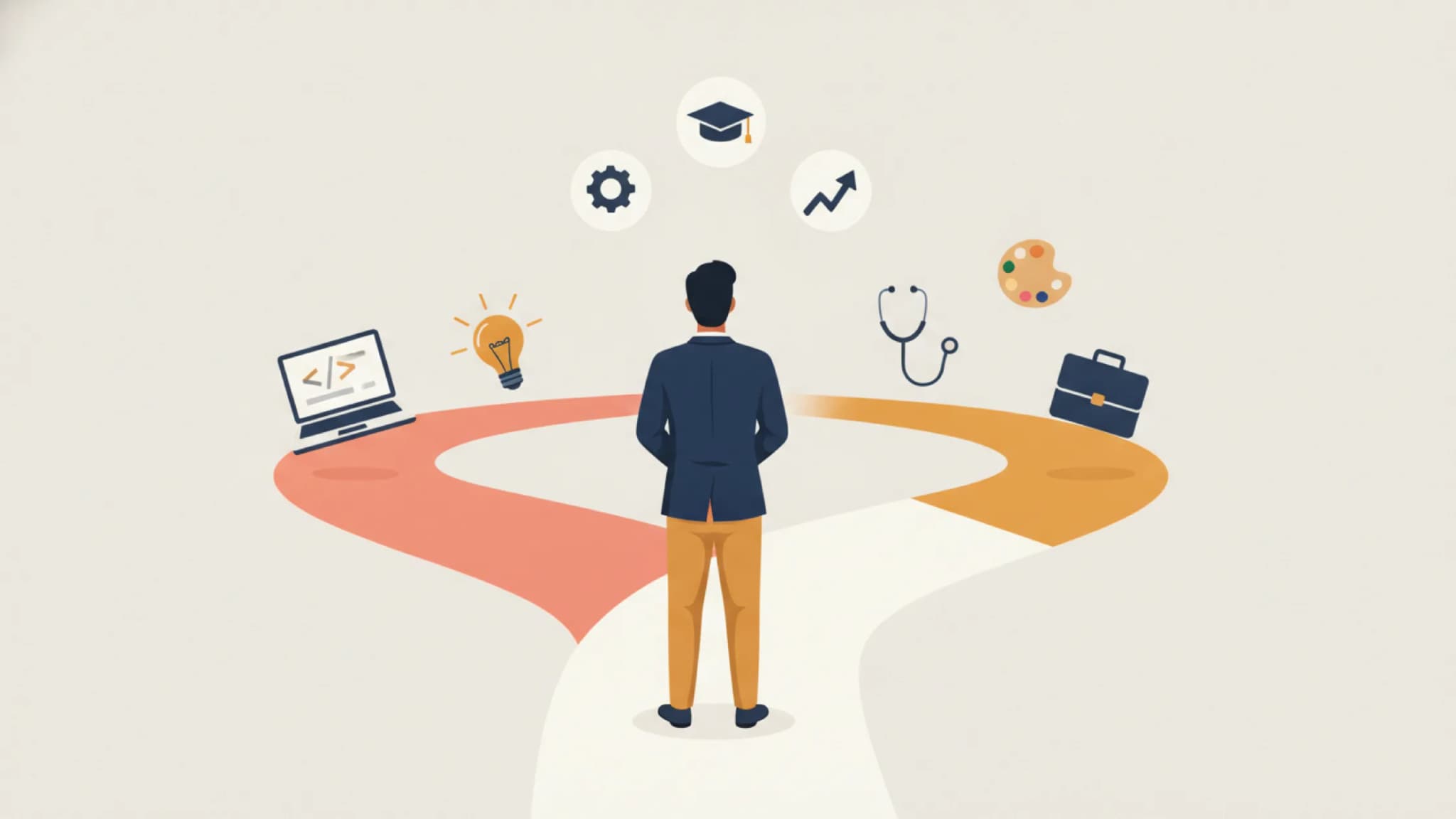 Flat illustration of a professional standing at a forked path, one branch leading to a laptop and lightbulb and the other to a stethoscope, palette and briefcase, with career icons floating above