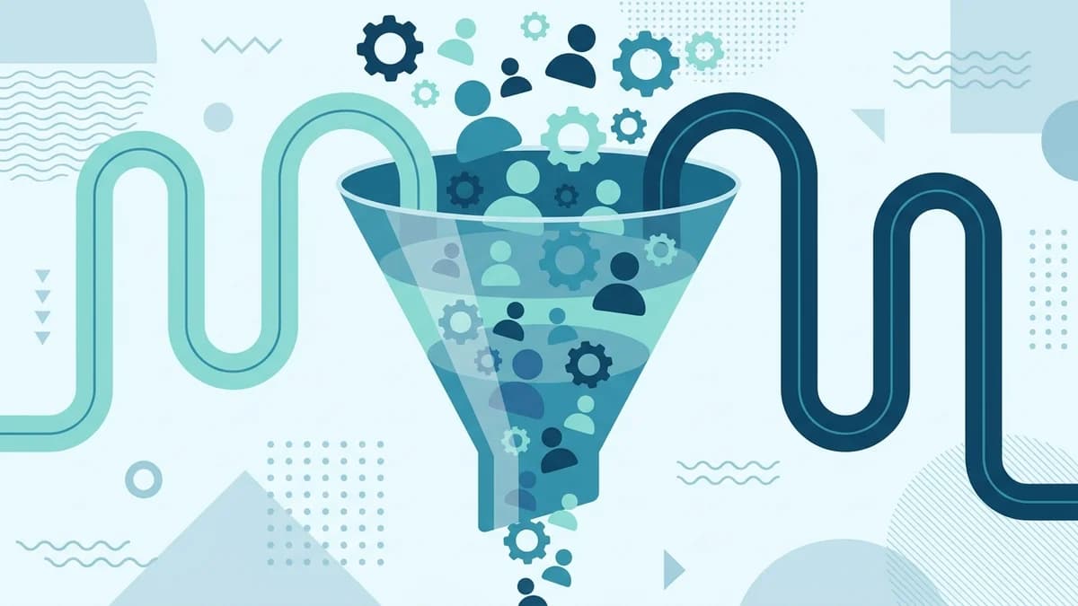 Illustration of candidate icons and gears flowing through a glass funnel between two winding pipes, a hiring pipeline