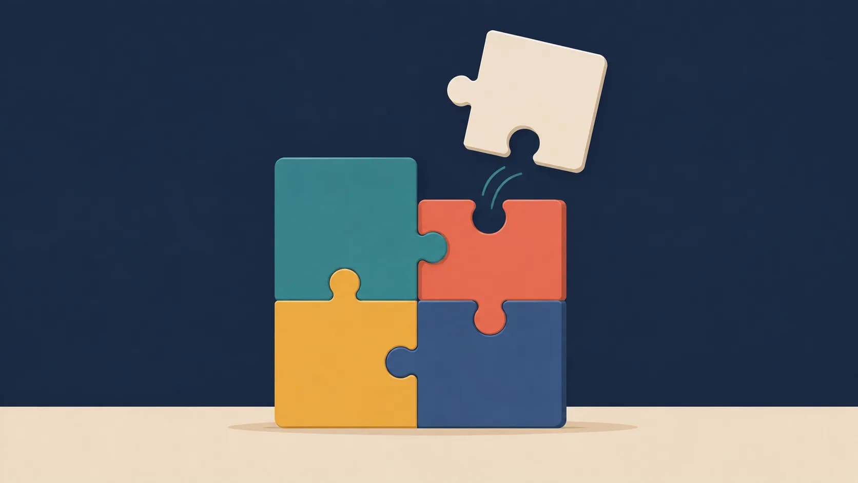 Flat illustration of interlocking puzzle pieces with one being placed, representing teamwork skills combining into one result.