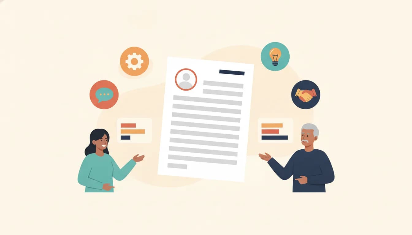 Flat illustration of a large resume document with blank placeholder lines surrounded by floating skill icons and rating bars, with a young Indian fresher and an experienced Indian professional on either side