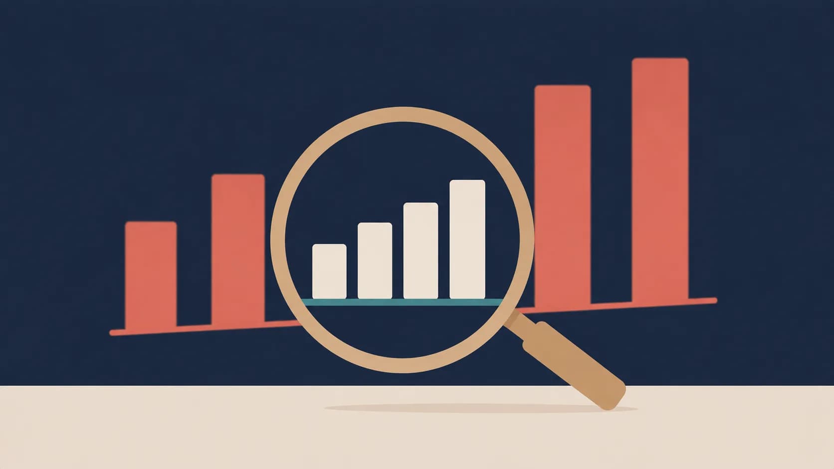 Flat illustration of a magnifier revealing the true height of chart bars, representing truthfulness versus a misleading impression.