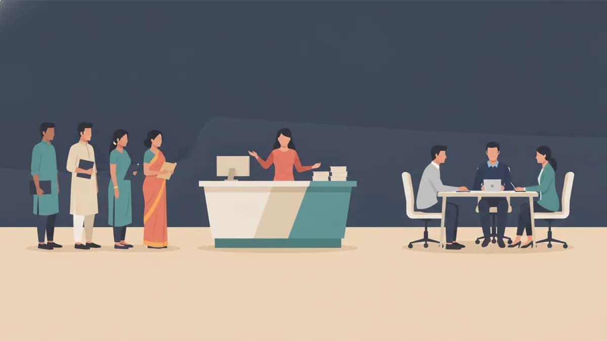 Illustration of Indian candidates queuing with folders at a reception desk while a panel interviews applicants nearby