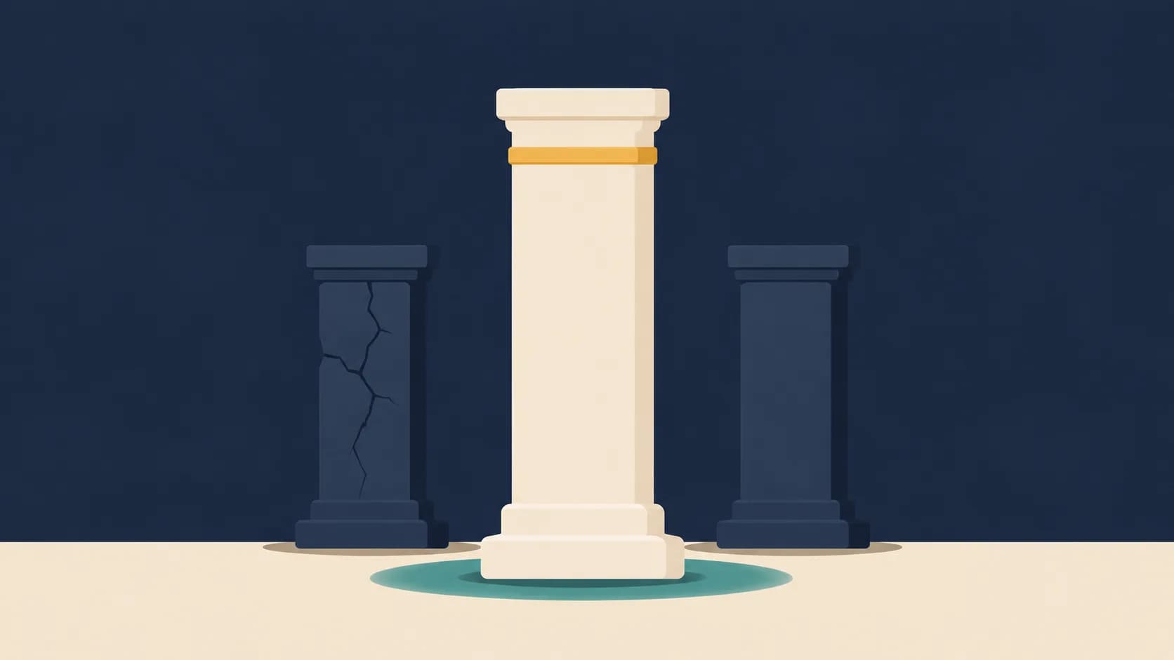 Flat illustration of one intact pillar standing among cracked ones, representing integrity in the workplace.