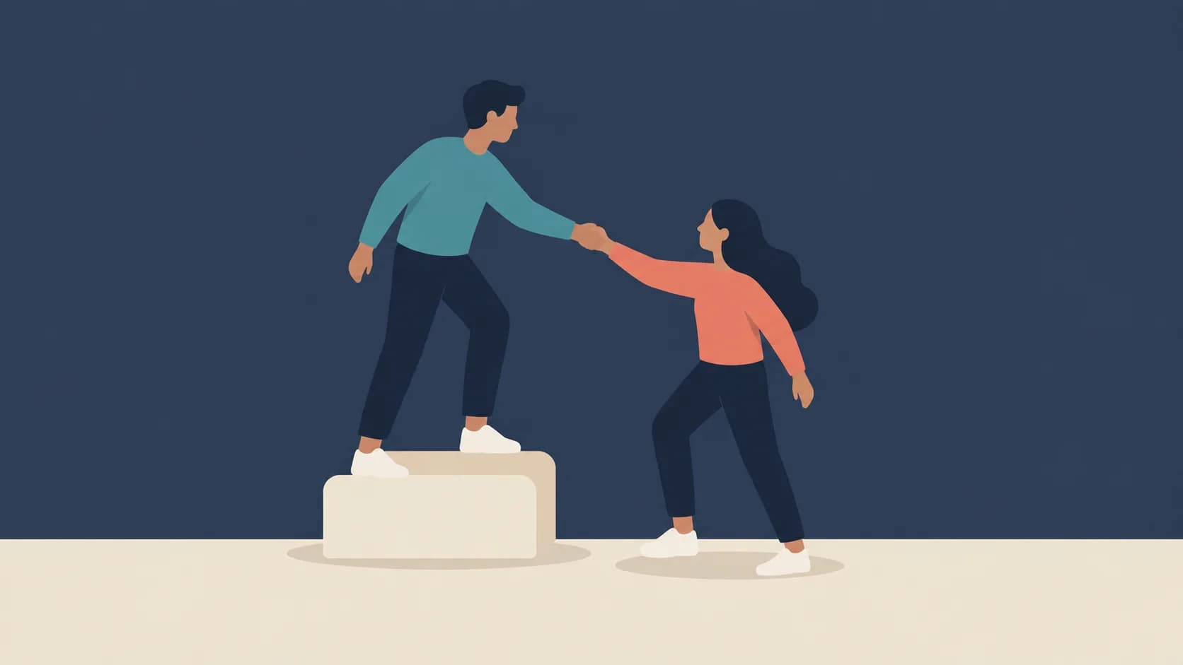 Flat illustration of one colleague reaching down to help another up a step, representing helpfulness at work.