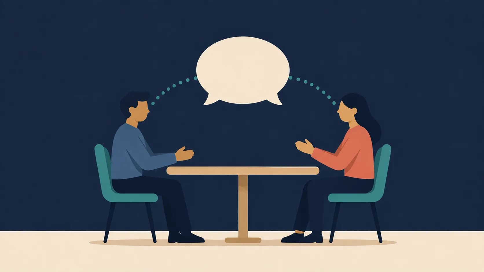 Flat illustration of two colleagues facing each other with a clear speech bubble between them, representing honest communication at work.