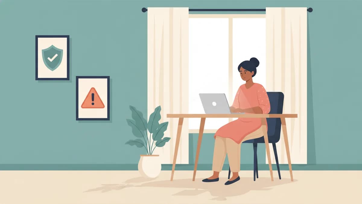 Illustration of a woman working from home on a laptop, with framed verified shield and scam warning icons