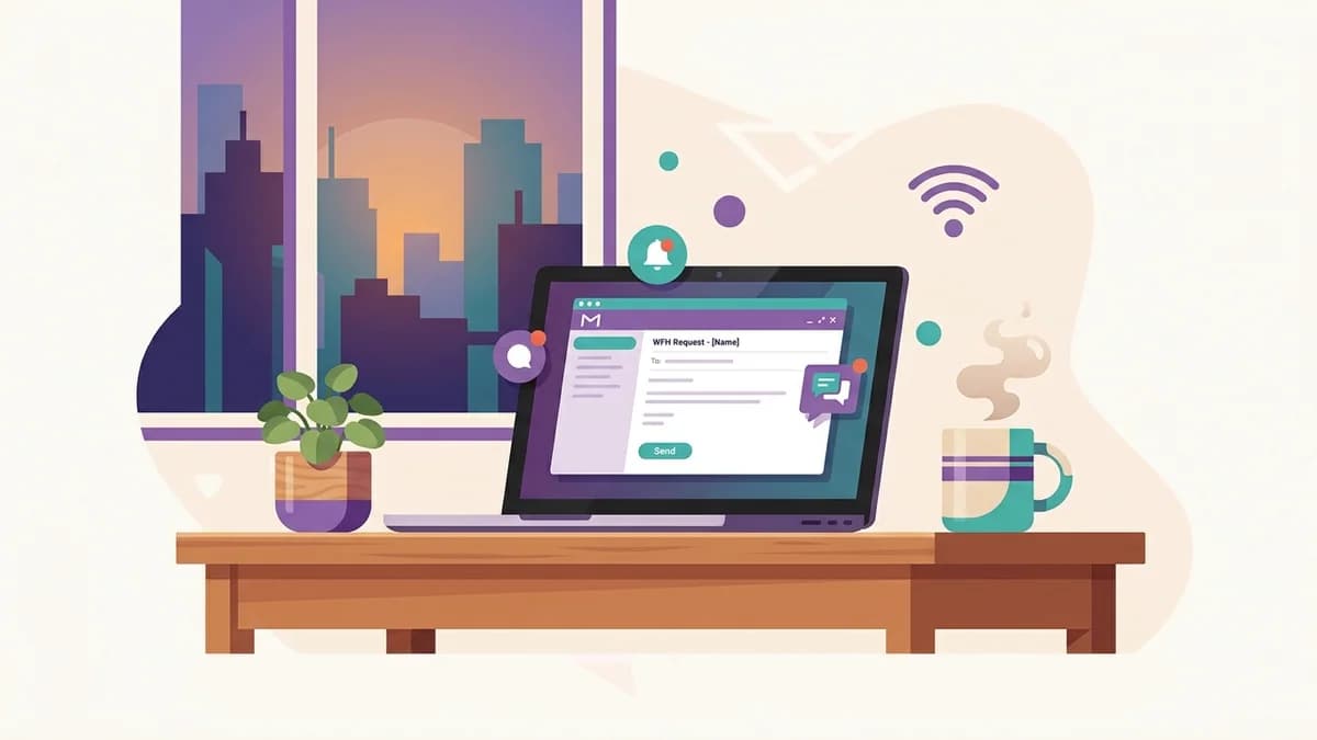 Illustration of a laptop on a wooden desk showing a WFH request email draft, mug, plant and city window