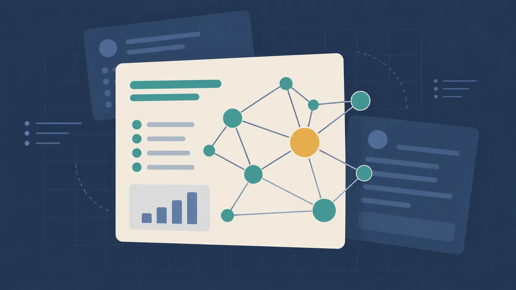 Geometric illustration of a connected node network with a highlighted centre, representing AI recruiting.