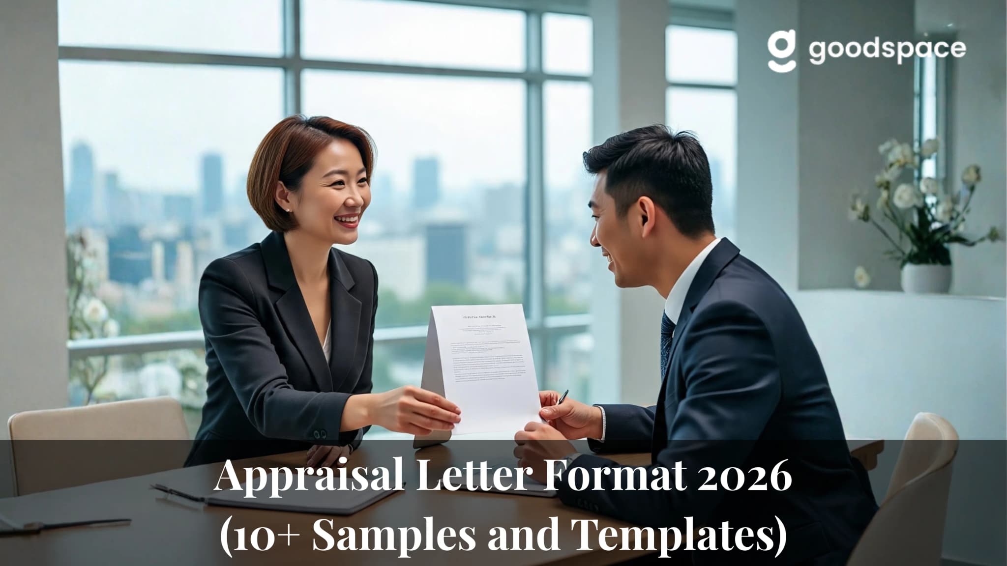 Smiling manager handing a printed appraisal letter across a glass office meeting table to a colleague in a suit