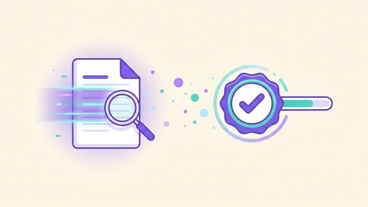 Illustration of a resume scanned by a magnifying glass, with particles flowing into a purple verified tick badge