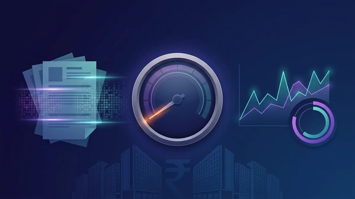 Dark blue illustration of a scanning gauge, a resume stack and charts over an Indian skyline with a rupee symbol