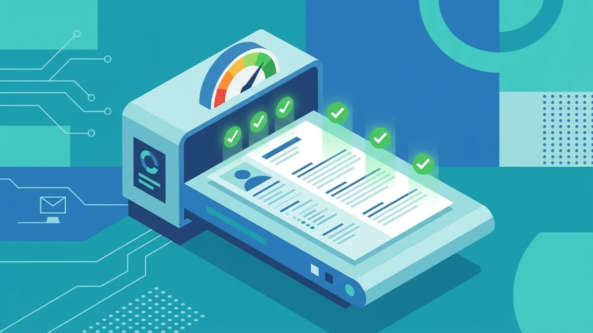 Isometric illustration of a resume passing through a scanner with a score gauge and green ticks, an ATS score