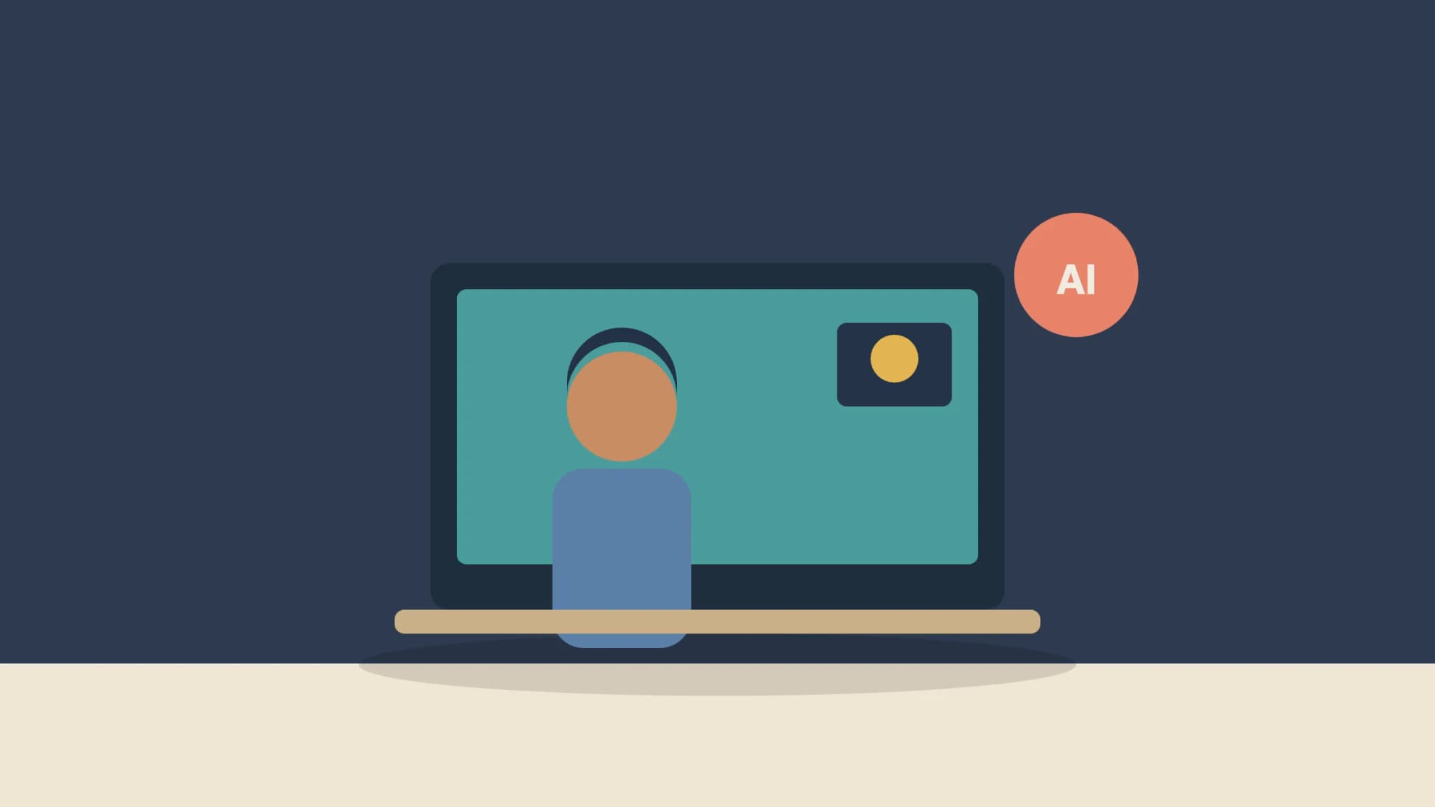 Illustration of an automated video interview on a laptop with an AI badge
