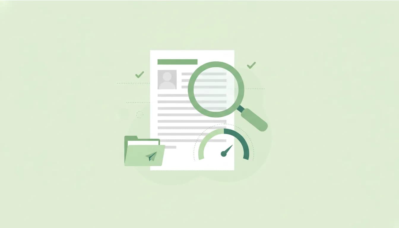 Illustration of a resume under a large magnifying glass with a score gauge and green ticks on pale green