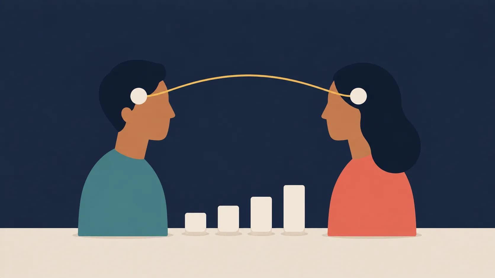 Flat illustration of two profiles with a connecting arc between them, representing empathy and emotional intelligence at work.