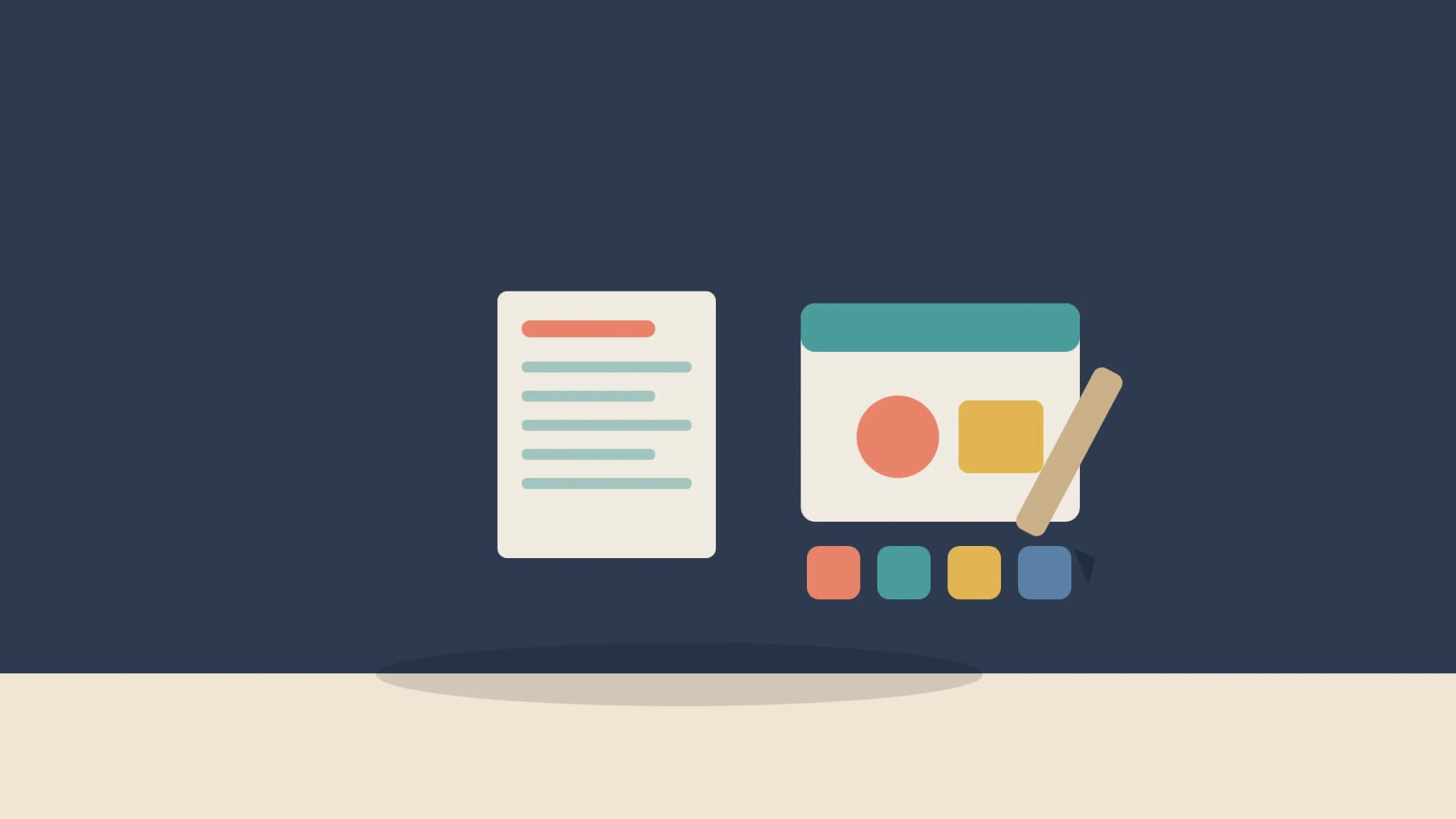 Illustration of a graphic designer job description with an artboard, color swatches and design tools