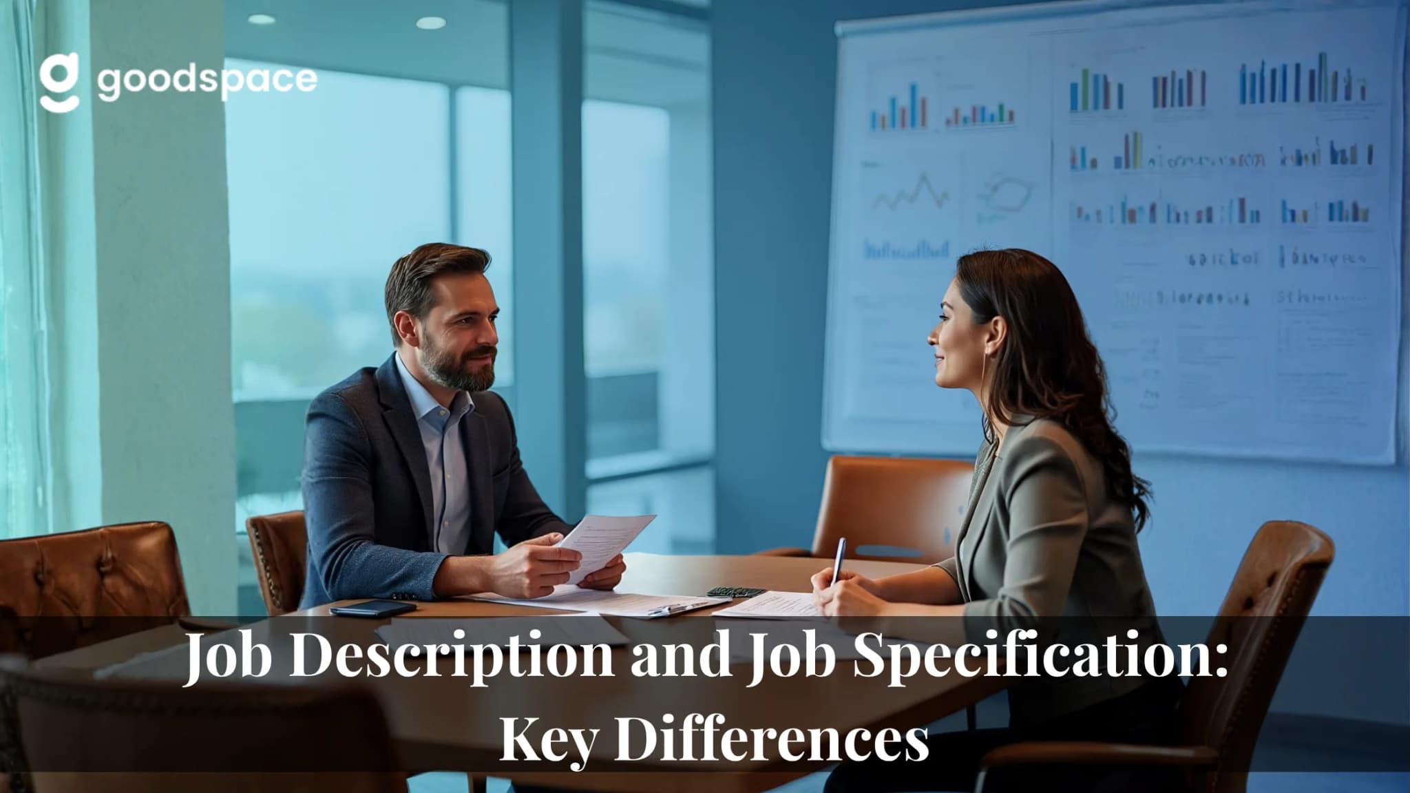 Two recruiters discussing a printed job description across a boardroom table, charts on the whiteboard behind them