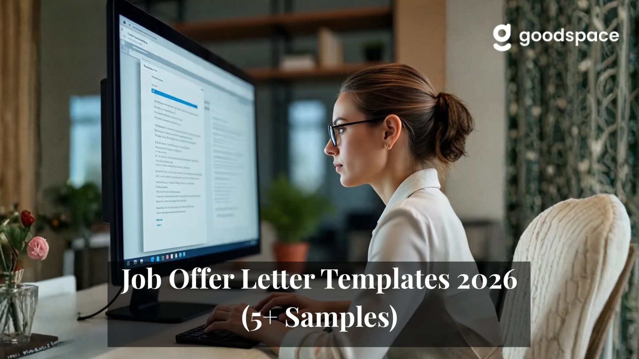 Woman at a desktop monitor drafting a job offer letter, captioned Job Offer Letter Templates 2026