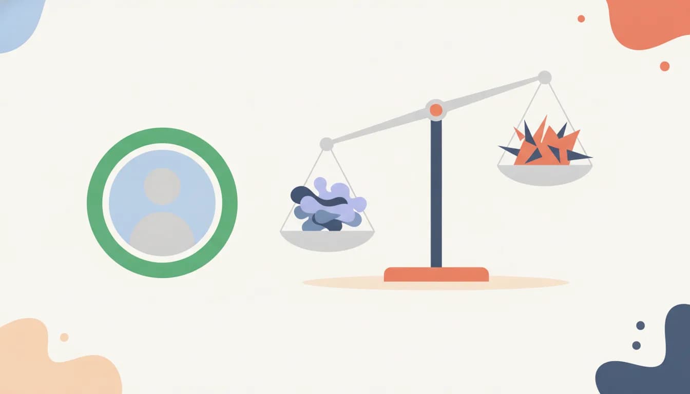 Illustration of a green Open to Work ring on a profile avatar beside a tipped balance scale