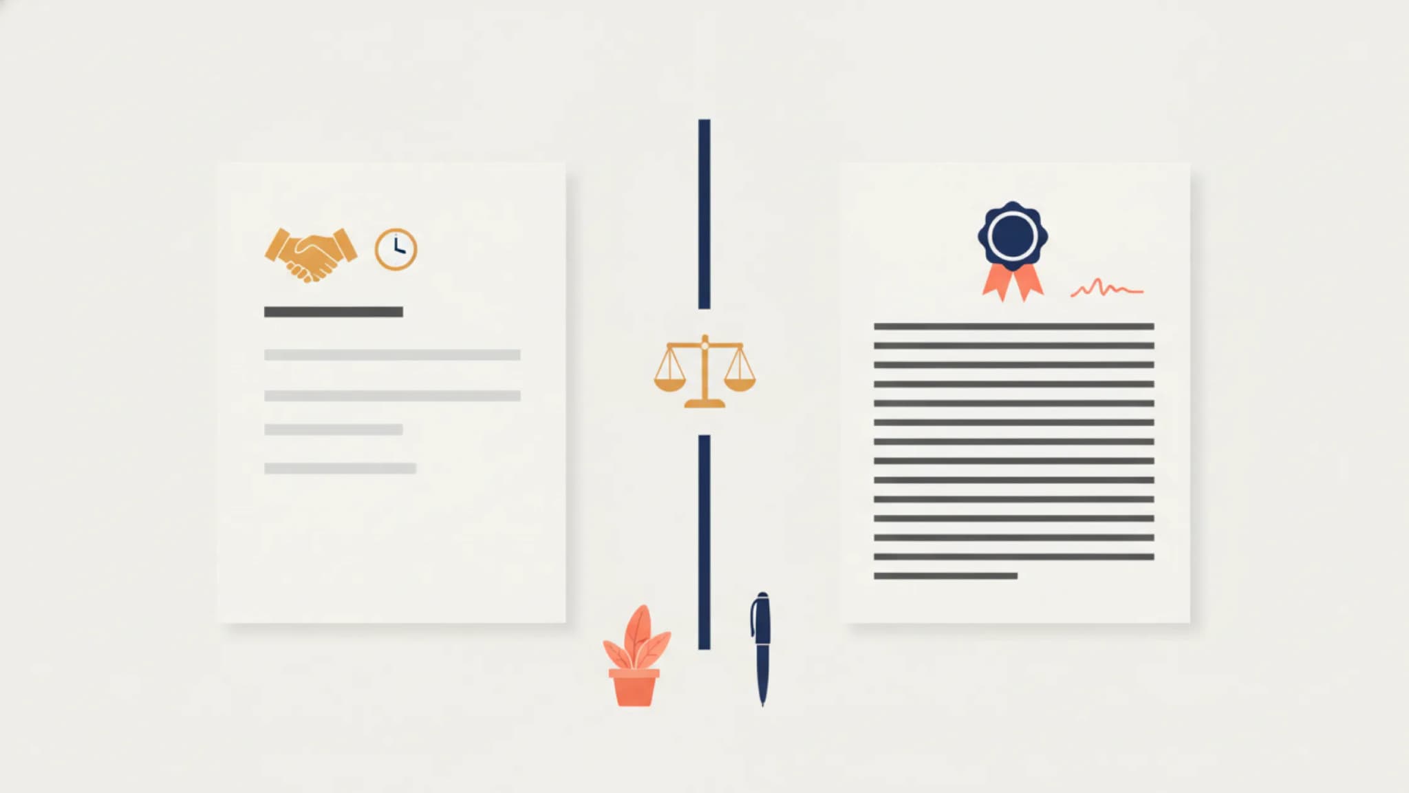 Flat illustration comparing two documents side by side, a lighter sheet with a handshake and clock icon on the left and a denser sealed and signed sheet on the right, a balance scale on the divider between them