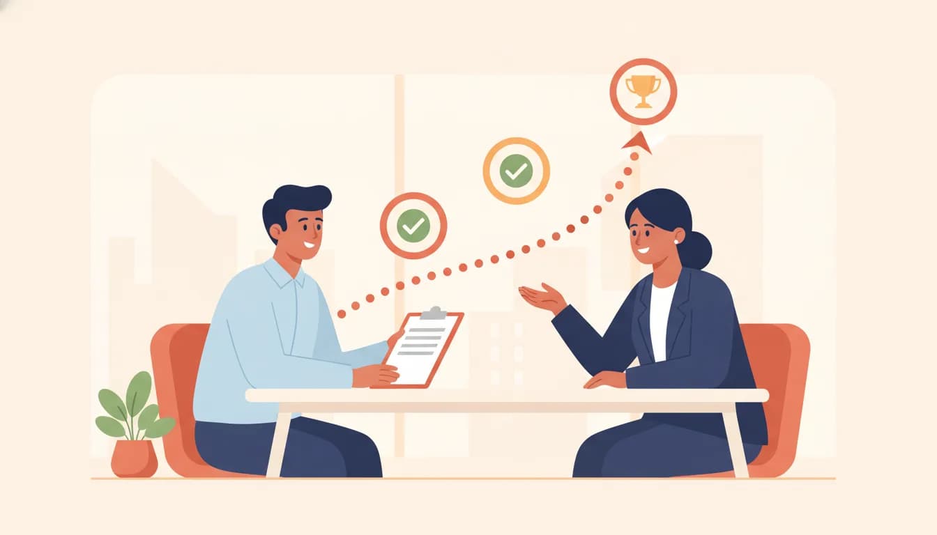 Flat illustration of an Indian manager giving feedback to a new employee across a desk, with a dotted milestone path rising above them marked by two checkmarks and a trophy for clearing probation