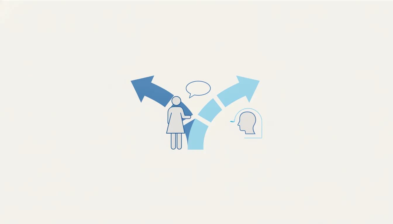 Blue pictogram illustration of a person at a fork between two arrows, with a speech bubble and a thinking head