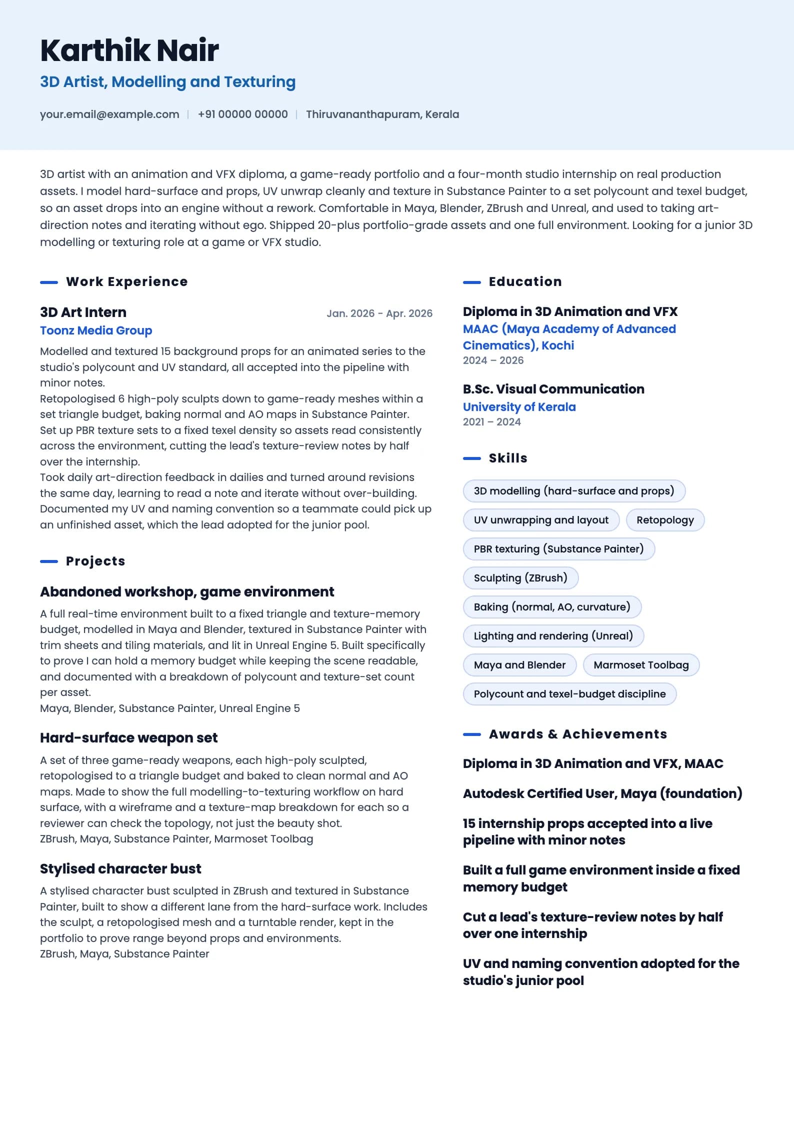 3D Artist resume example for Fresher (0 to 1 year), ai-era template, showing professional summary, work experience, projects, skills, education and certifications