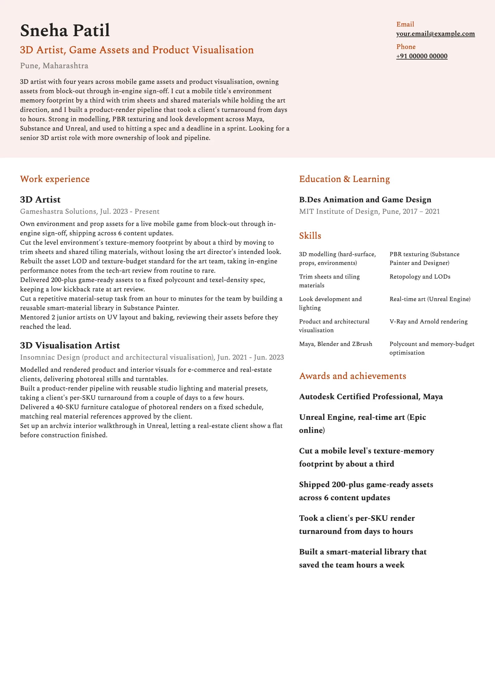 3D Artist resume example for Mid-level (4 years), modern template, showing professional summary, work experience, skills, education and certifications