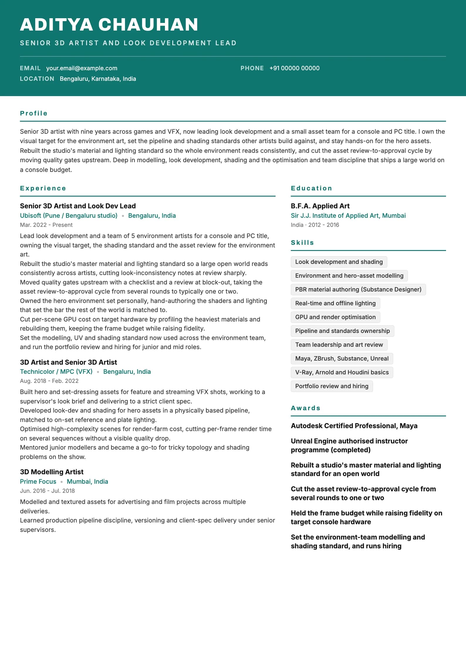 3D Artist resume example for Senior (9 years), header-band template, showing professional summary, work experience, skills, education and certifications