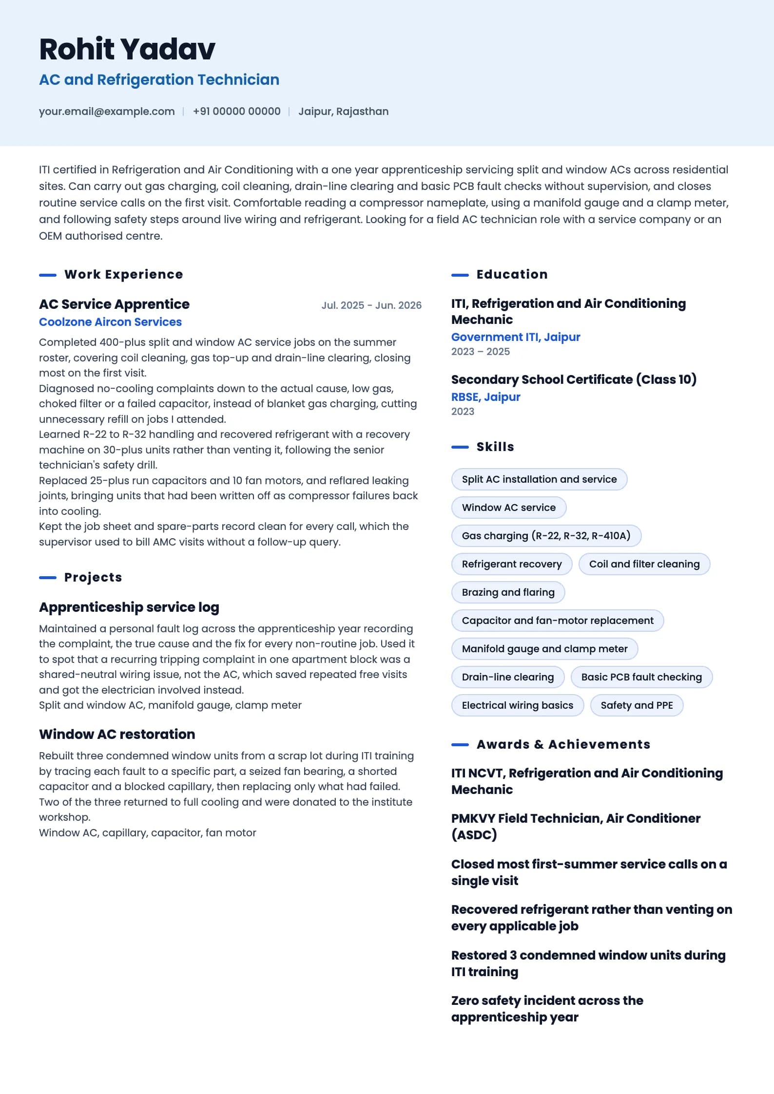 AC Technician resume example for Fresher (ITI + apprenticeship), ai-era template, showing professional summary, work experience, projects, skills, education and certifications