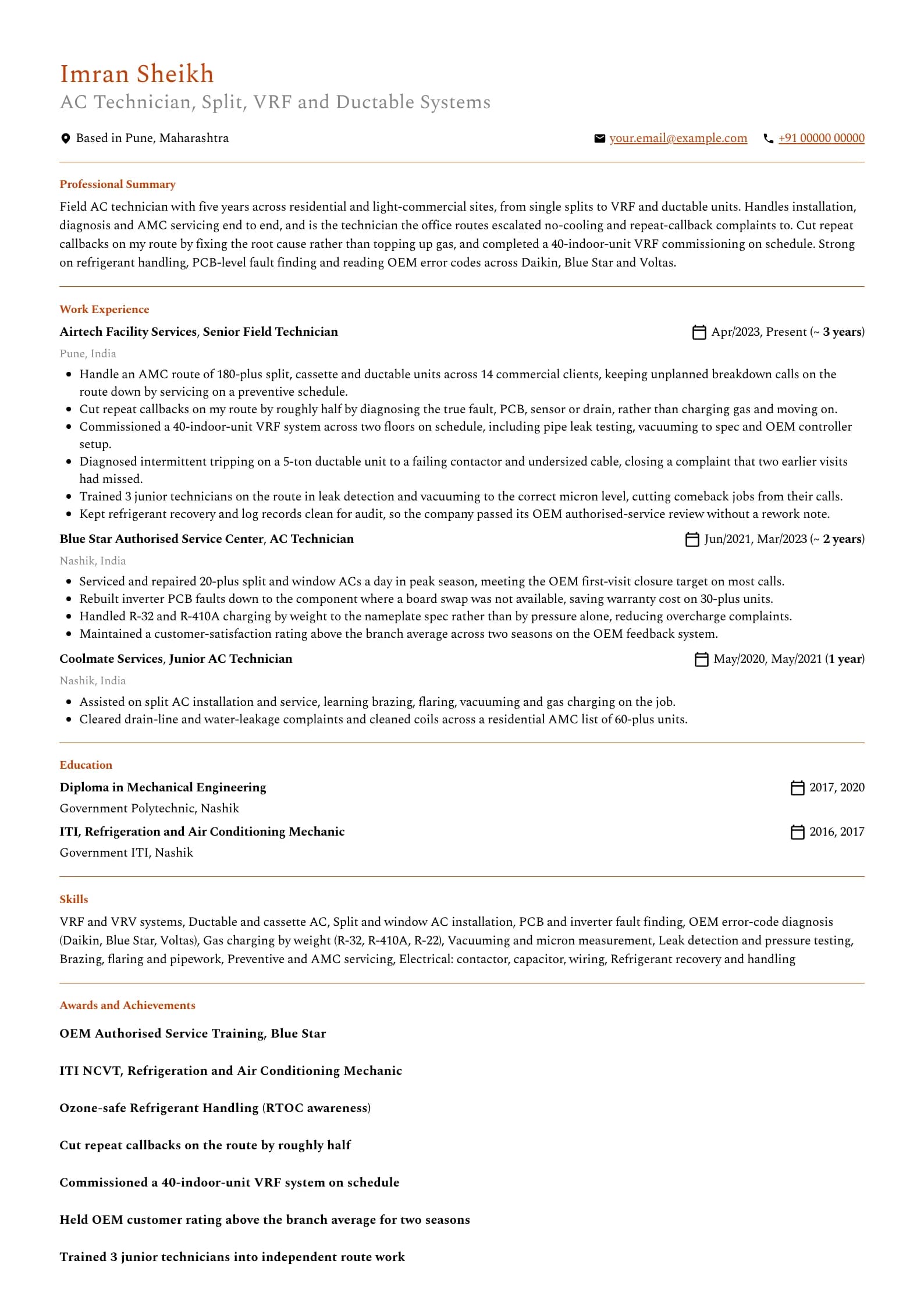 AC Technician resume example for Field technician (5 years), professional template, showing professional summary, work experience, skills, education and certifications