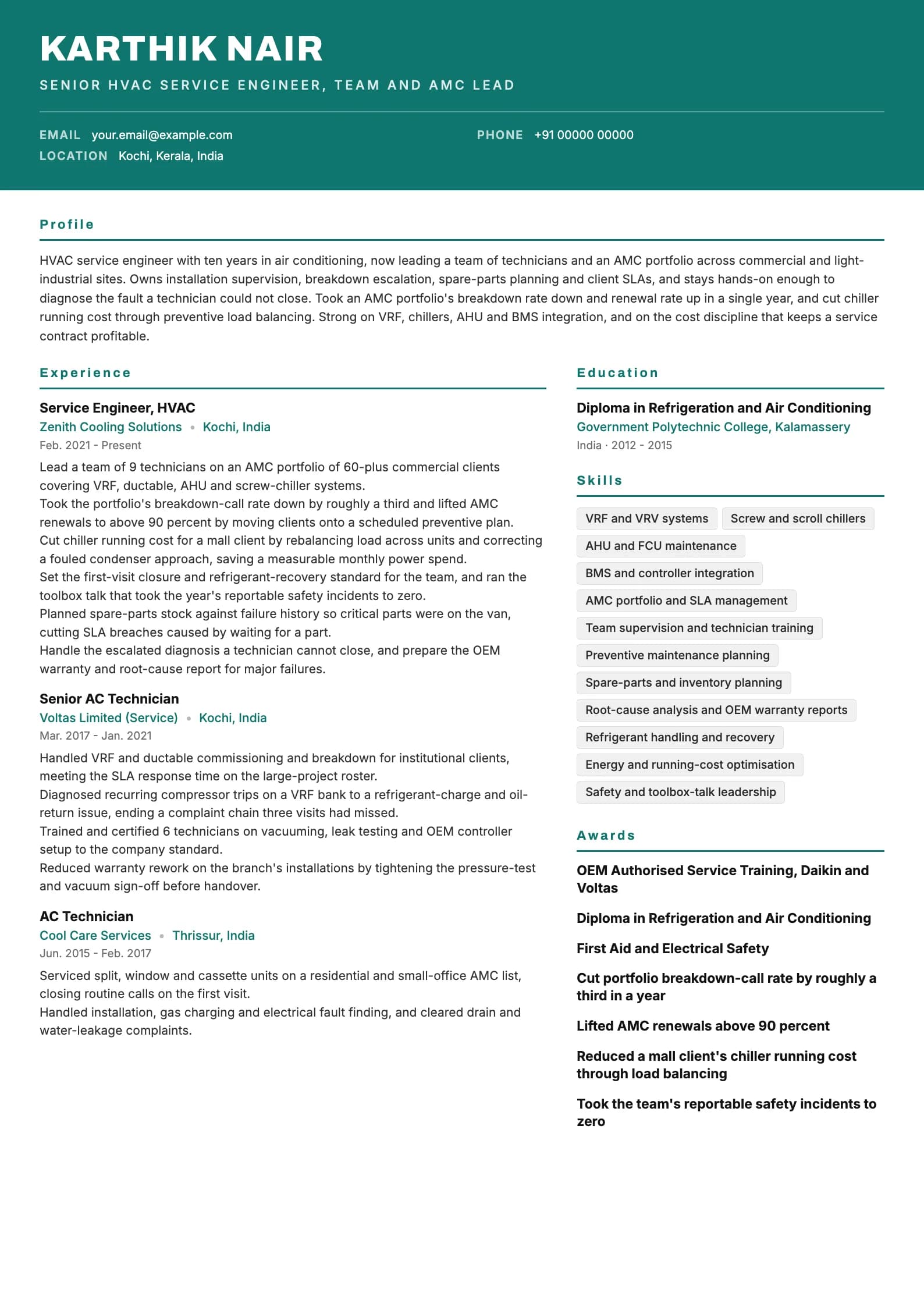 AC Technician resume example for Service engineer (10 years), header-band template, showing professional summary, work experience, skills, education and certifications