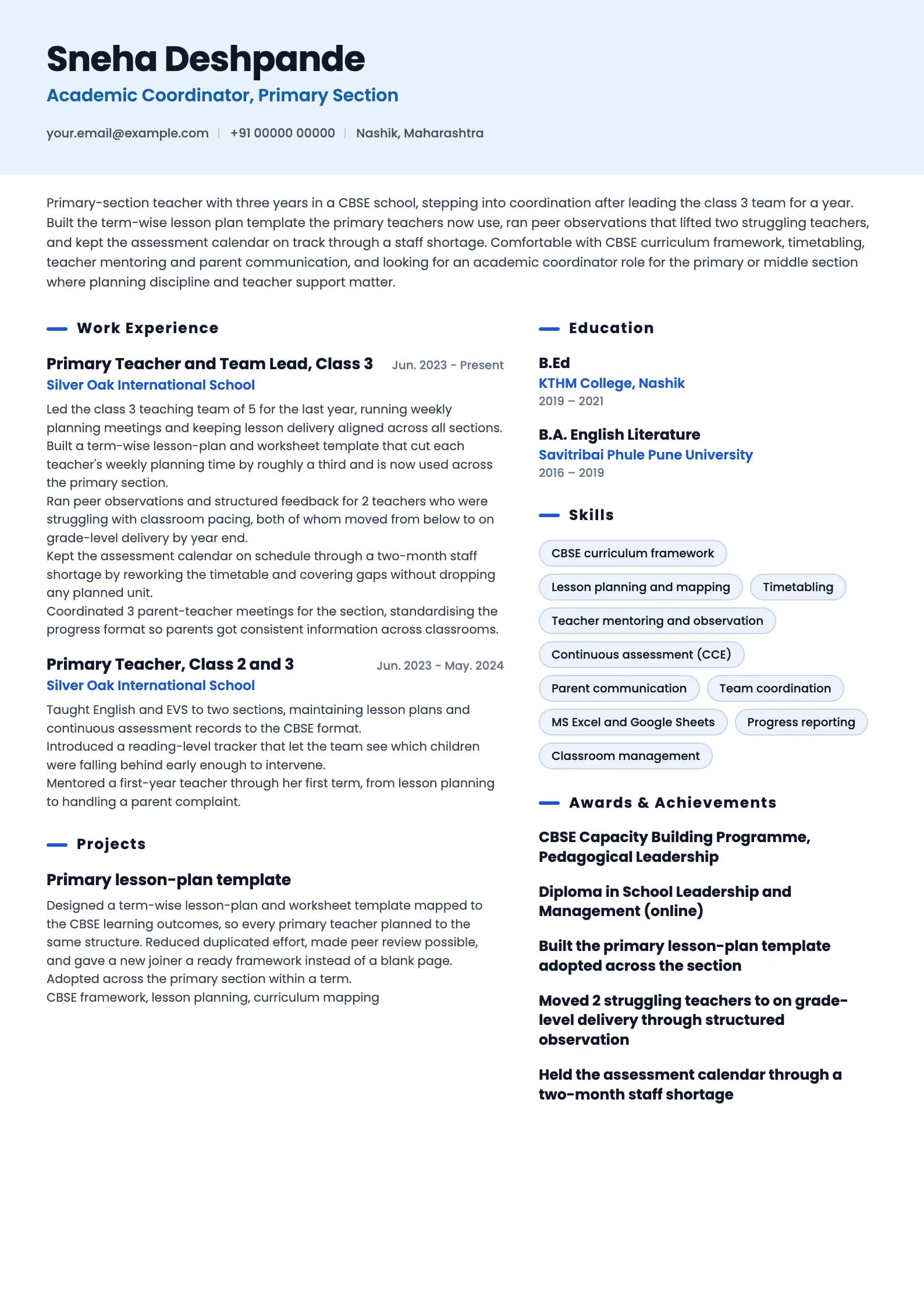 Academic Coordinator resume example for First coordinator role (3 years teaching), ai-era template, showing professional summary, work experience, projects, skills, education and certifications