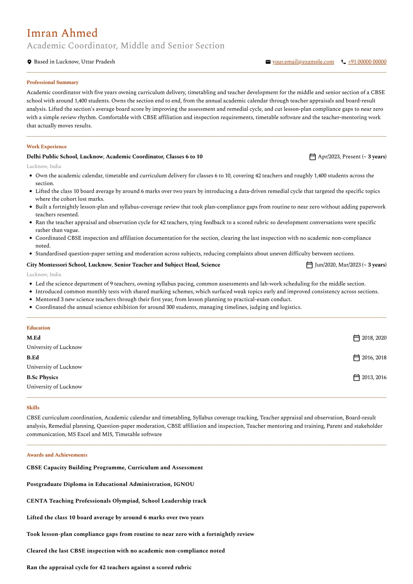 Academic Coordinator resume example for Academic Coordinator (5 years), professional template, showing professional summary, work experience, skills, education and certifications