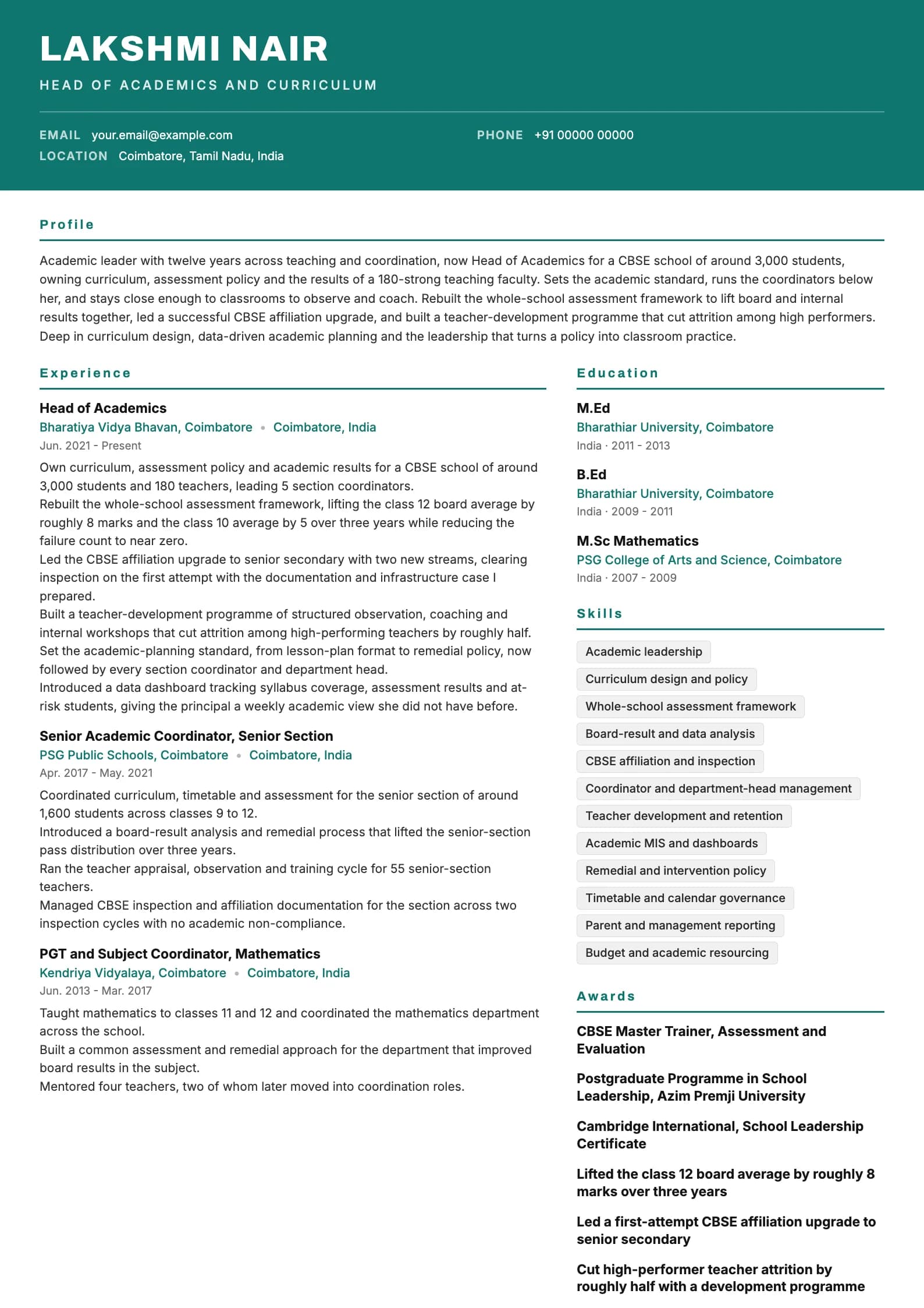 Academic Coordinator resume example for Academic Head (12 years), header-band template, showing professional summary, work experience, skills, education and certifications