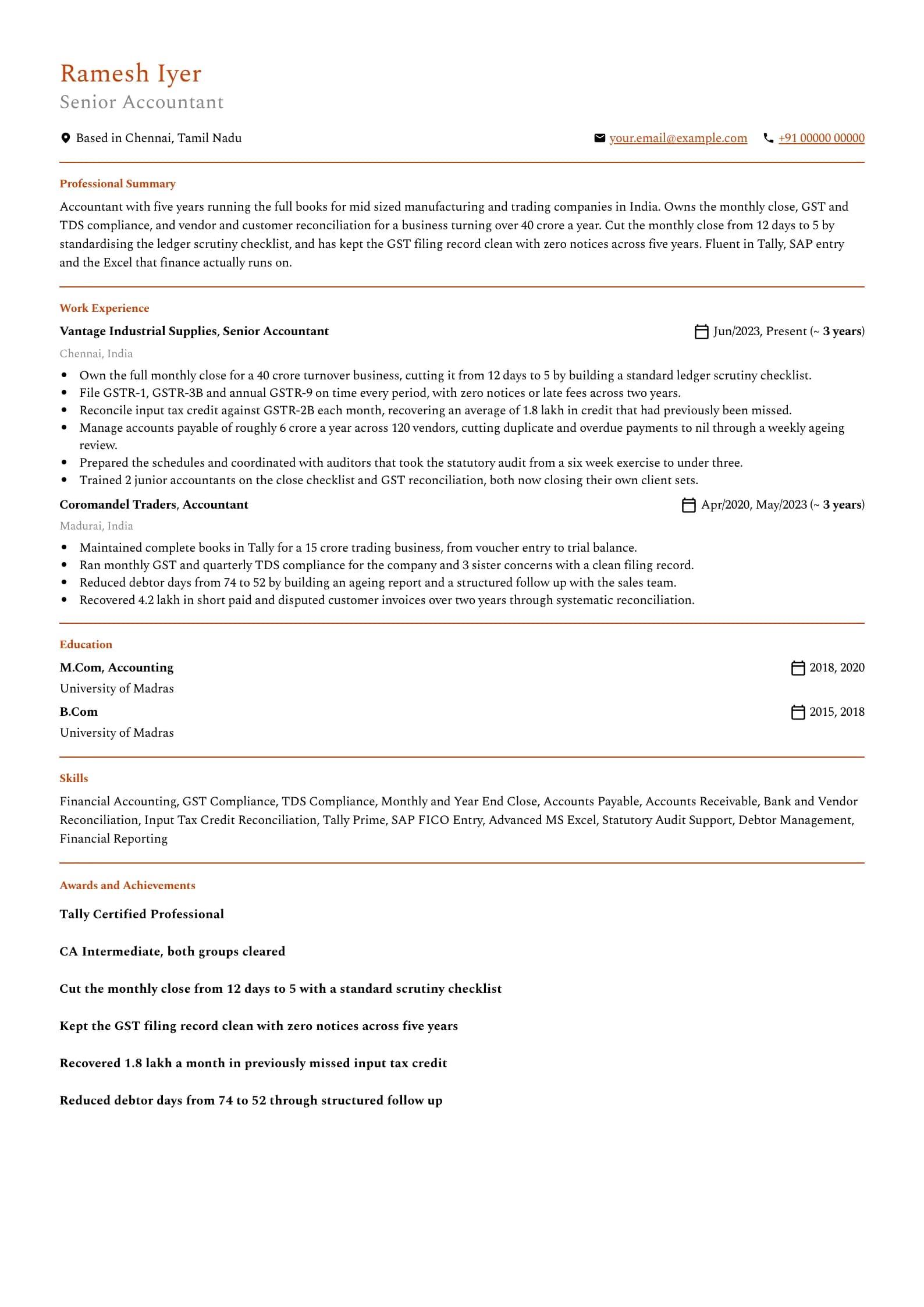Accountant resume example for Mid-level (5 years), professional template, showing professional summary, work experience, skills, education and certifications