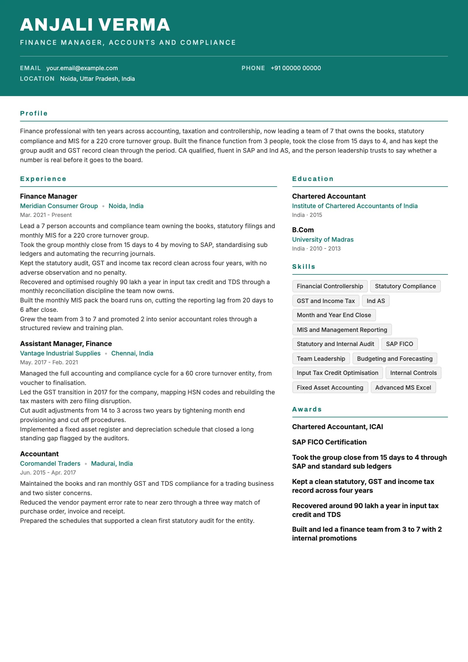 Accountant resume example for Senior (10 years), header-band template, showing professional summary, work experience, skills, education and certifications
