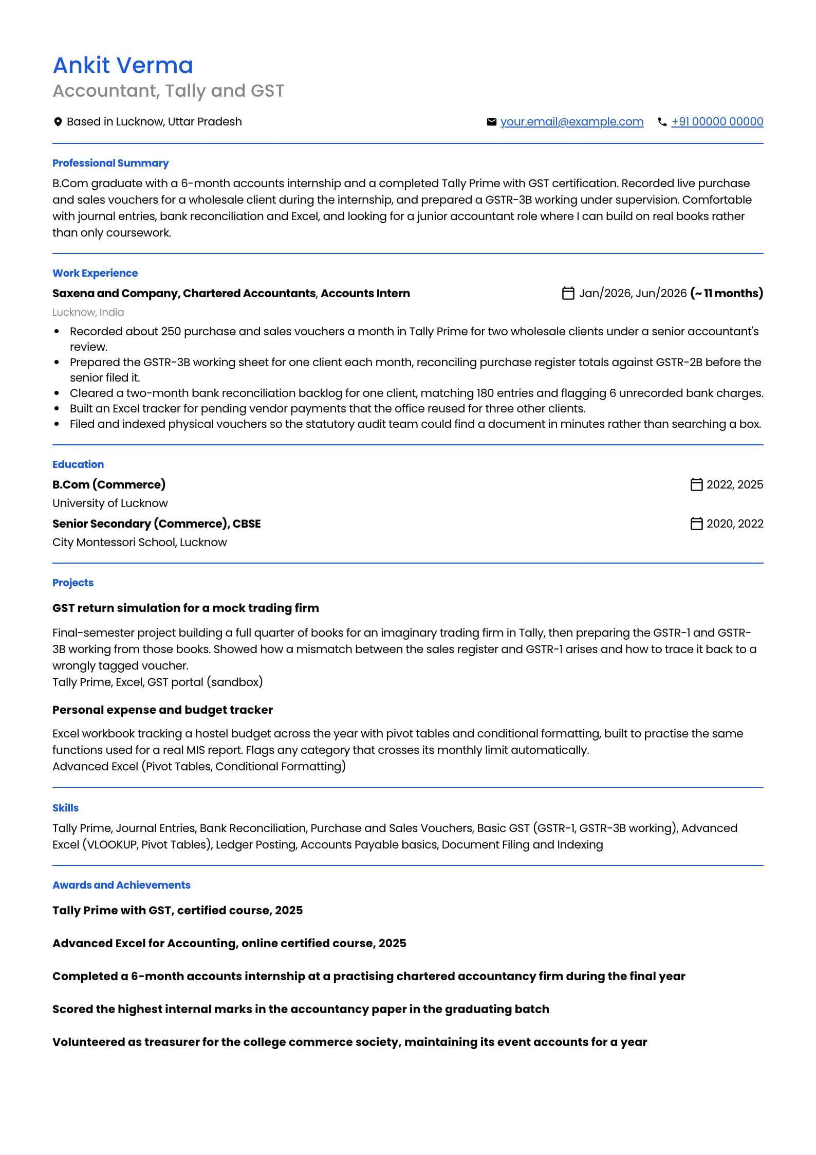 Accountant resume example for Fresher (0 years), minimalist template, showing professional summary, work experience, projects, skills, education and certifications