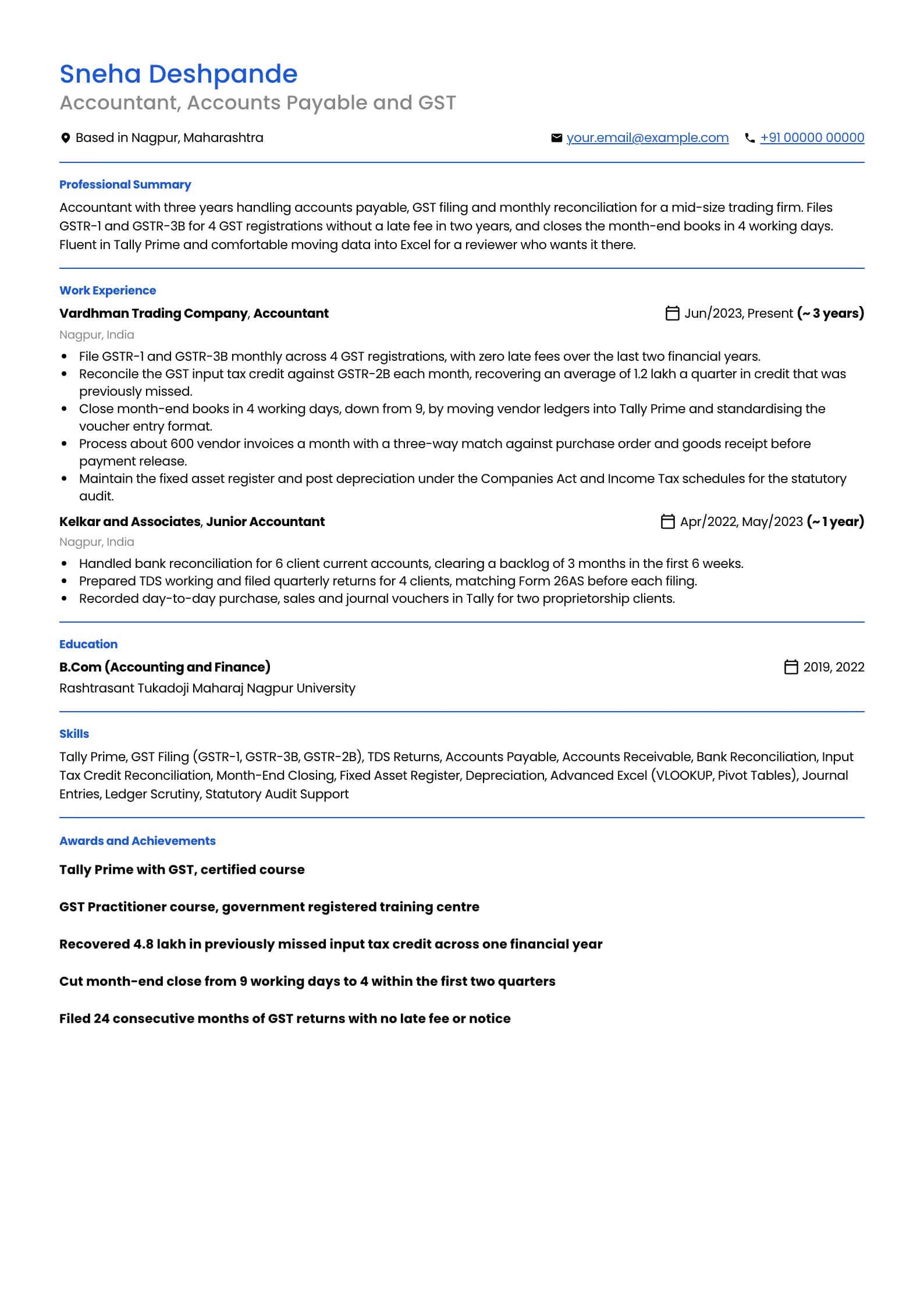 Accountant resume example for Skills-forward (3 years), professional template, showing professional summary, work experience, skills, education and certifications