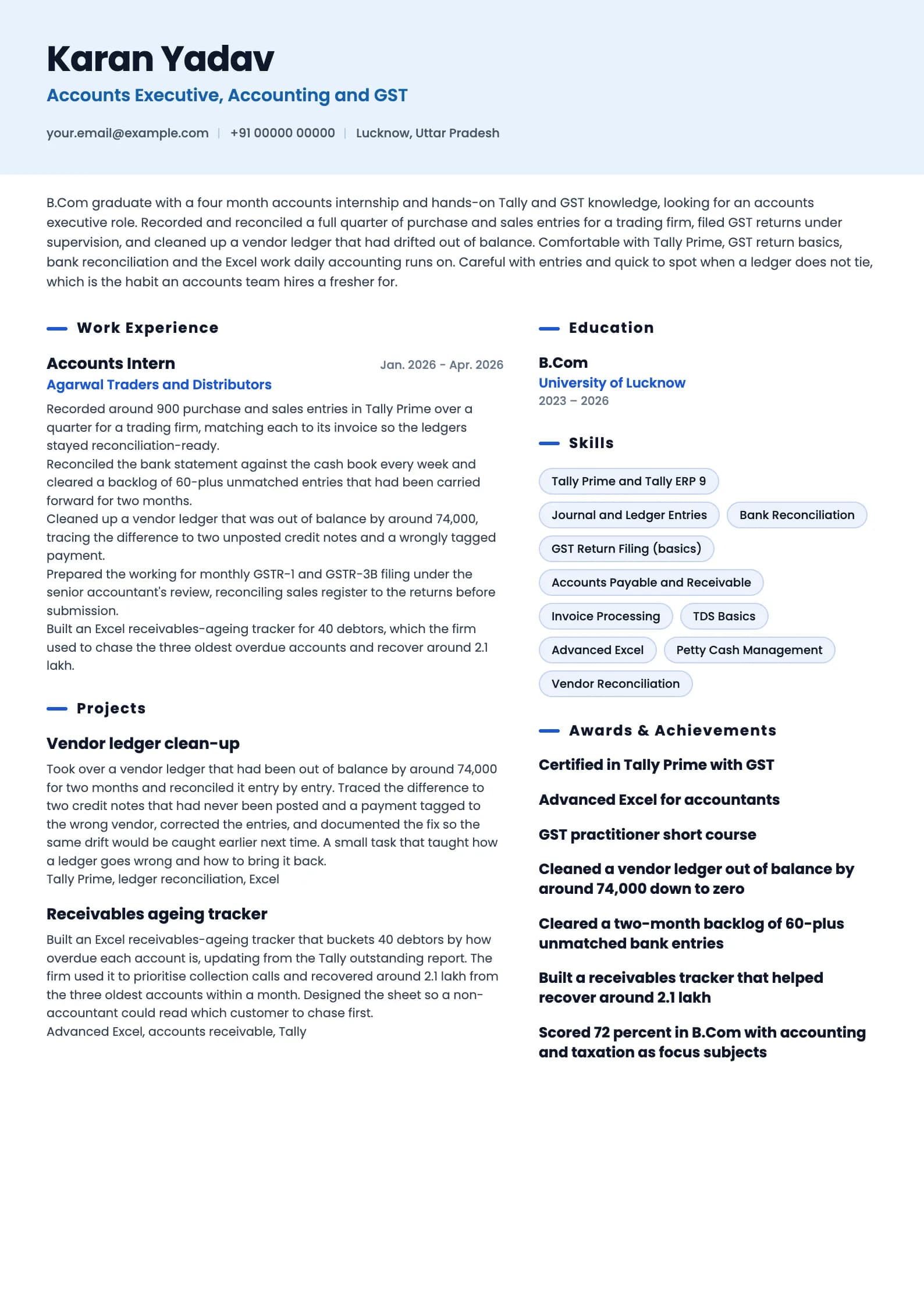 Accounts Executive resume example for Fresher (0 years), ai-era template, showing professional summary, work experience, projects, skills, education and certifications