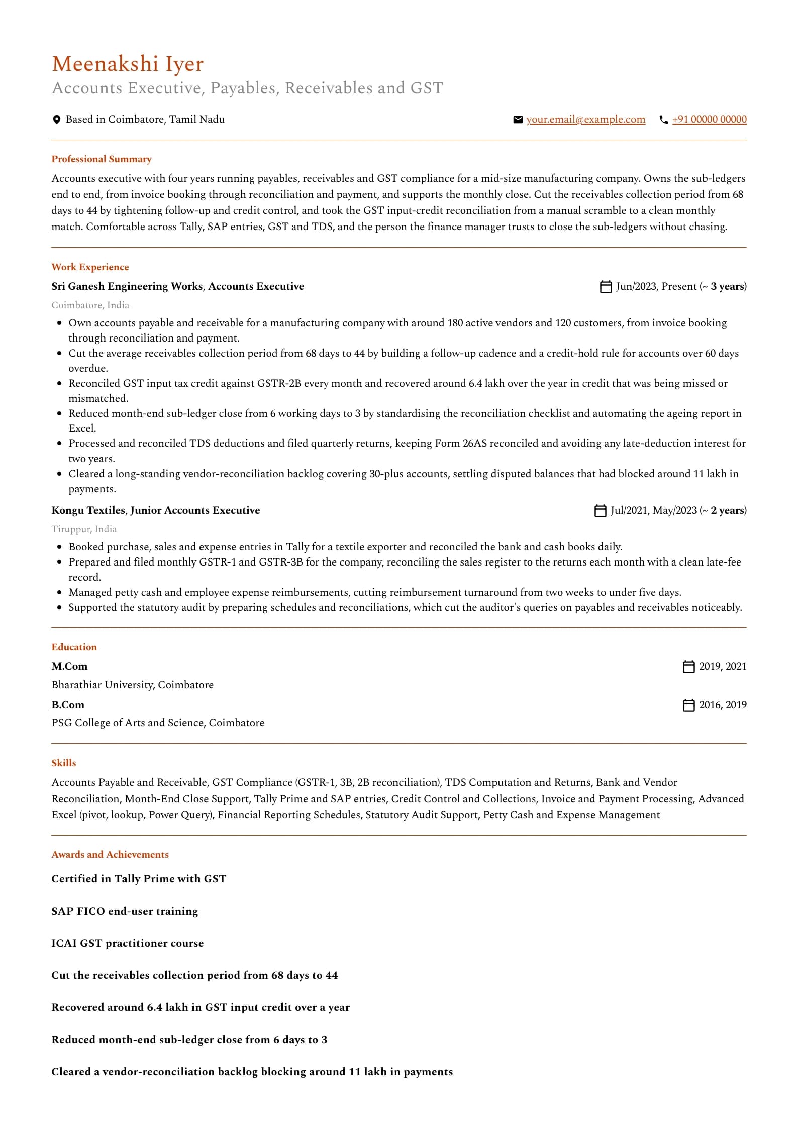 Accounts Executive resume example for Accounts Executive (4 years), professional template, showing professional summary, work experience, skills, education and certifications