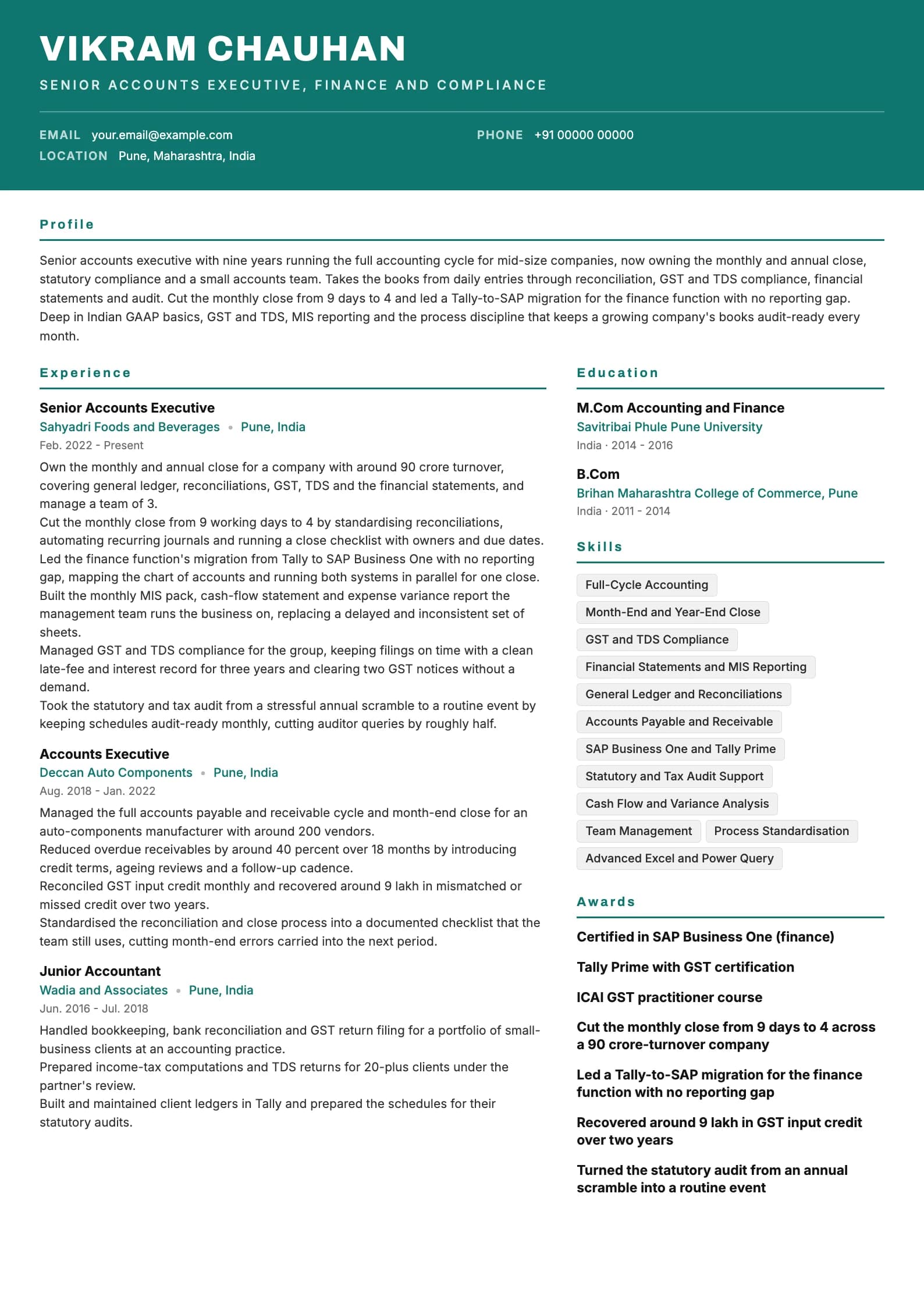Accounts Executive resume example for Senior Accounts Executive (9 years), header-band template, showing professional summary, work experience, skills, education and certifications