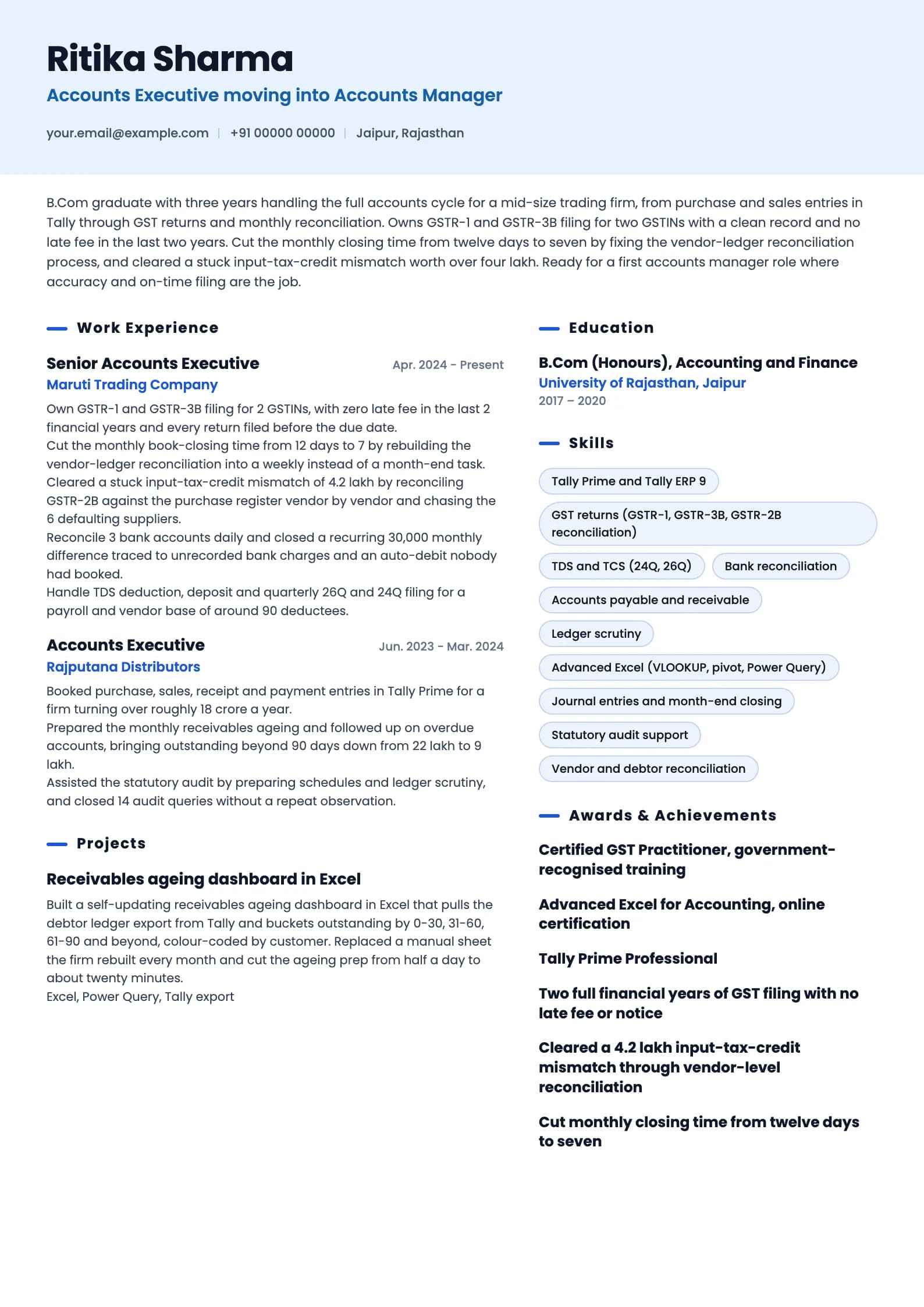 Accounts Manager resume example for Early-career (3 years), ai-era template, showing professional summary, work experience, projects, skills, education and certifications