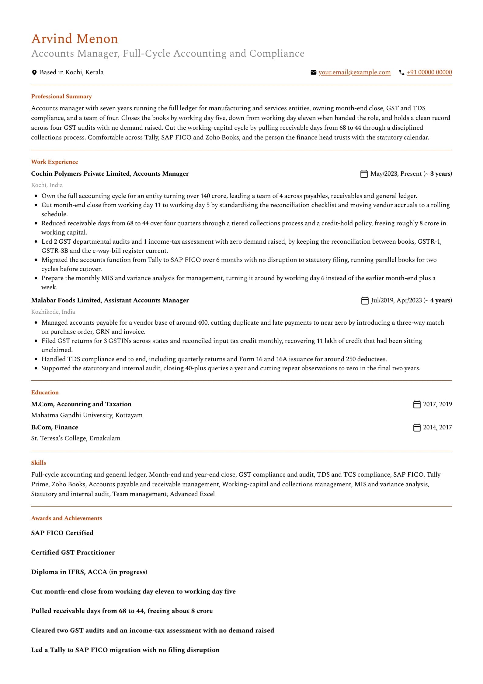 Accounts Manager resume example for Accounts Manager (7 years), professional template, showing professional summary, work experience, skills, education and certifications
