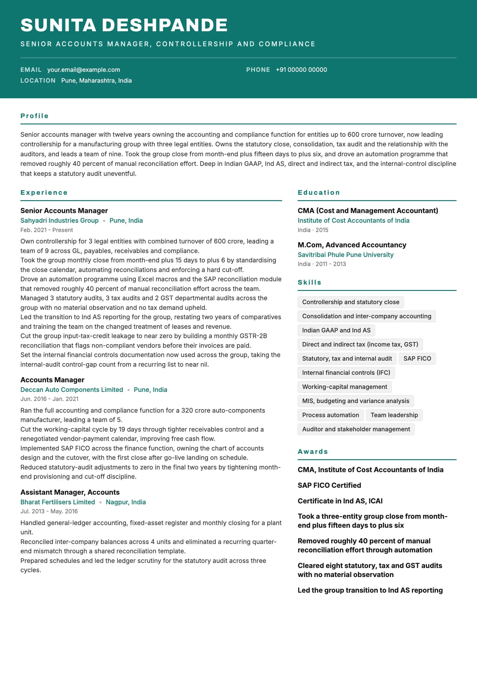 Accounts Manager resume example for Senior Accounts Manager (12 years), header-band template, showing professional summary, work experience, skills, education and certifications