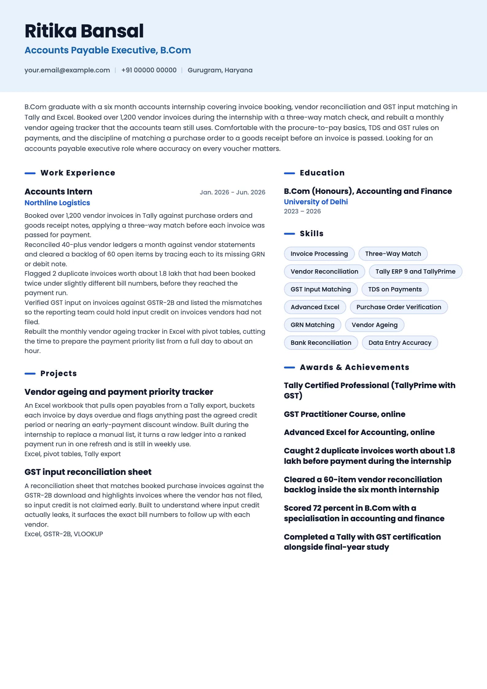 Accounts Payable resume example for Fresher (0 years), ai-era template, showing professional summary, work experience, projects, skills, education and certifications