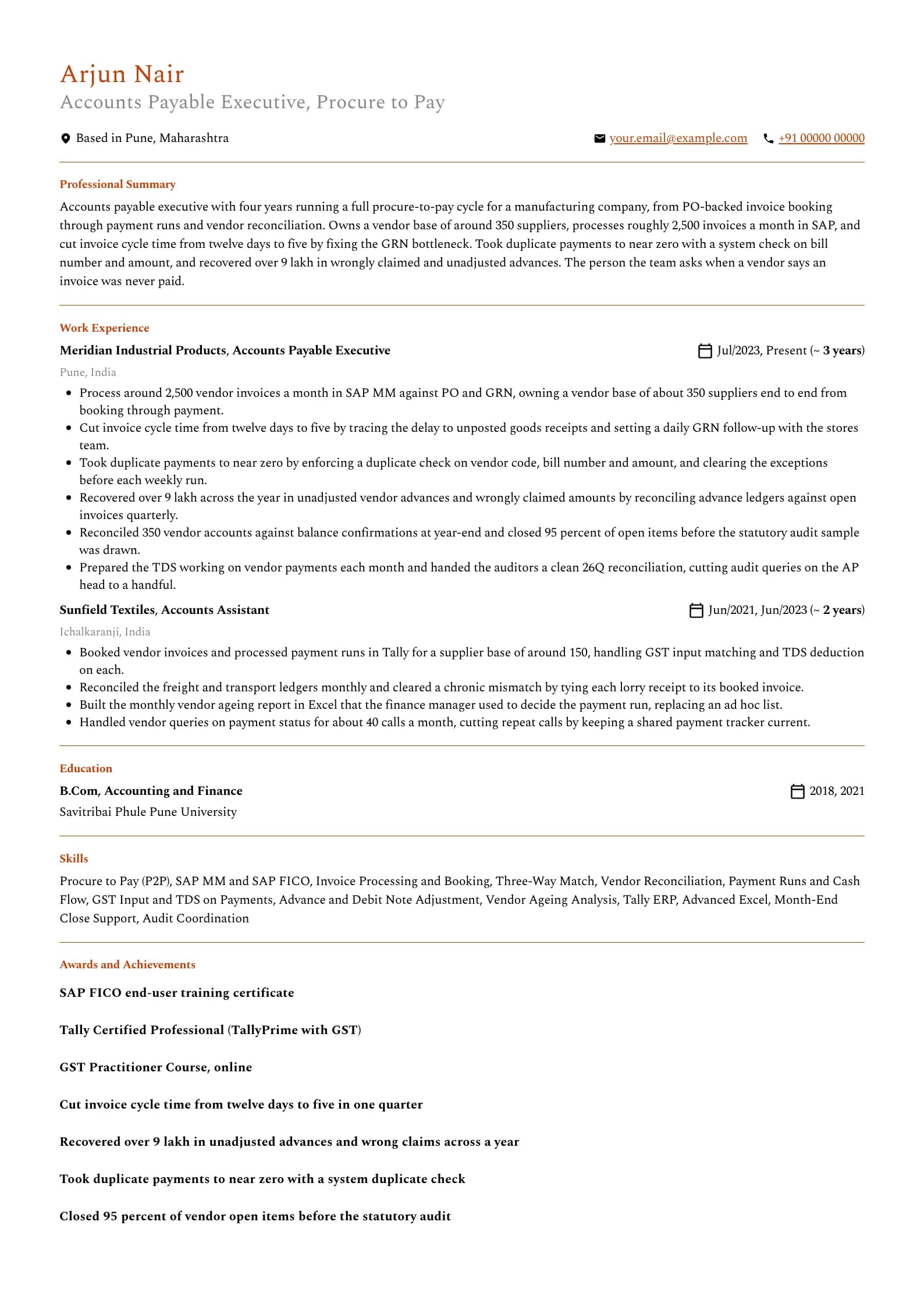 Accounts Payable resume example for Executive (4 years), professional template, showing professional summary, work experience, skills, education and certifications