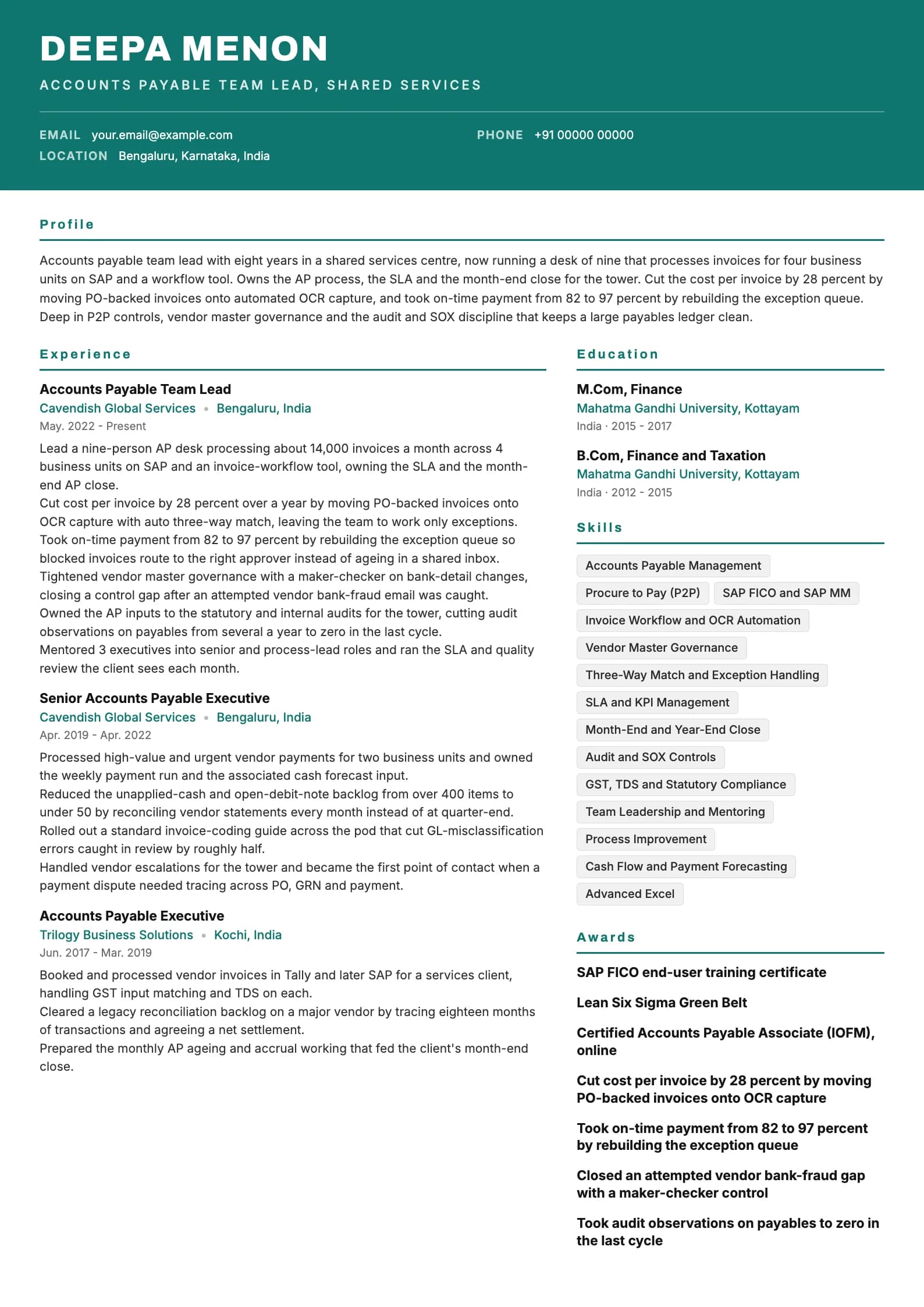 Accounts Payable resume example for Team Lead (8 years), header-band template, showing professional summary, work experience, skills, education and certifications