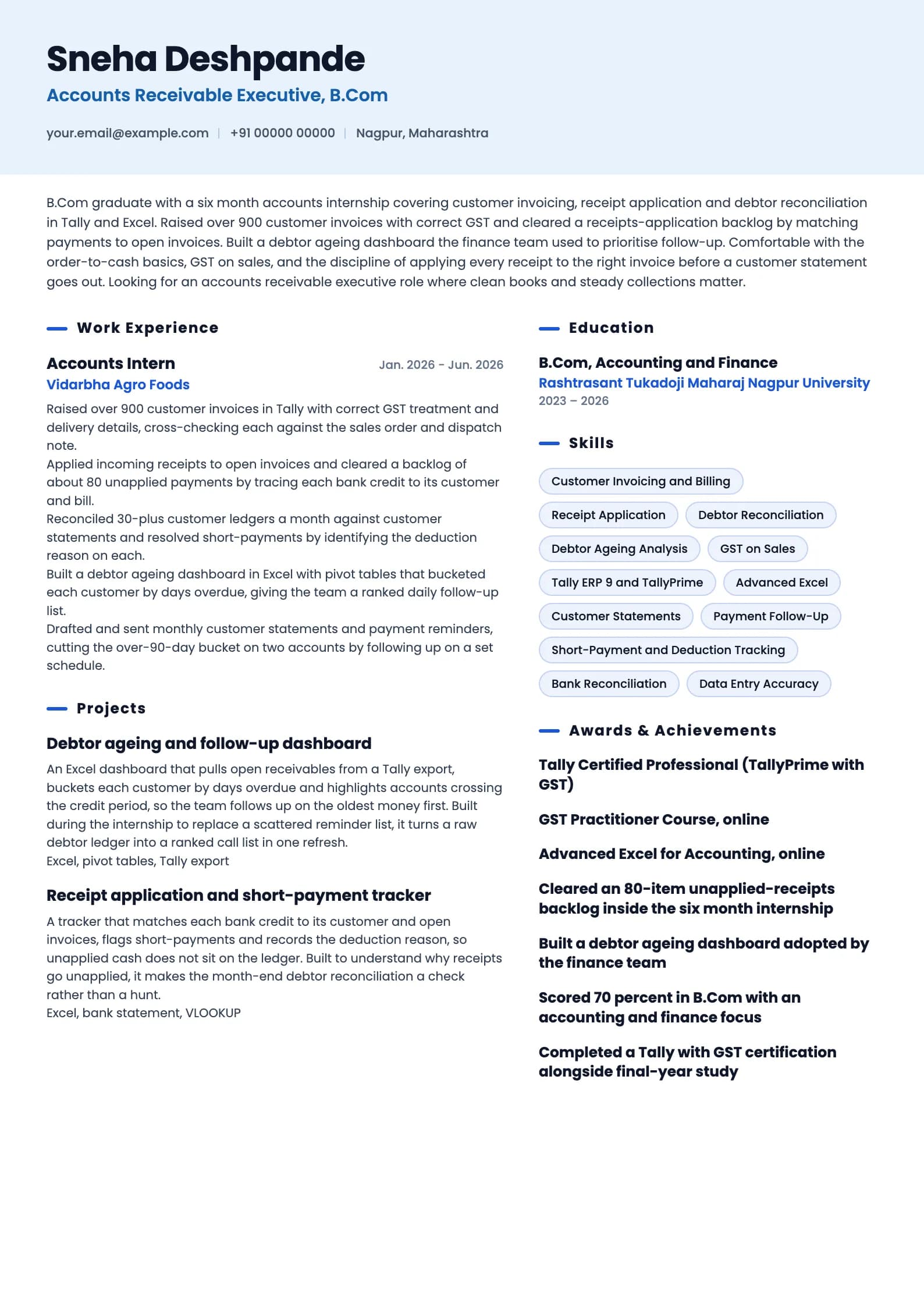 Accounts Receivable resume example for Fresher (0 years), ai-era template, showing professional summary, work experience, projects, skills, education and certifications