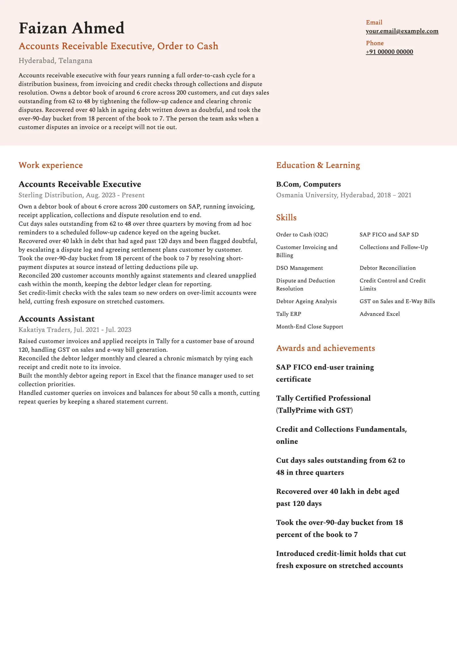 Accounts Receivable resume example for Executive (4 years), modern template, showing professional summary, work experience, skills, education and certifications